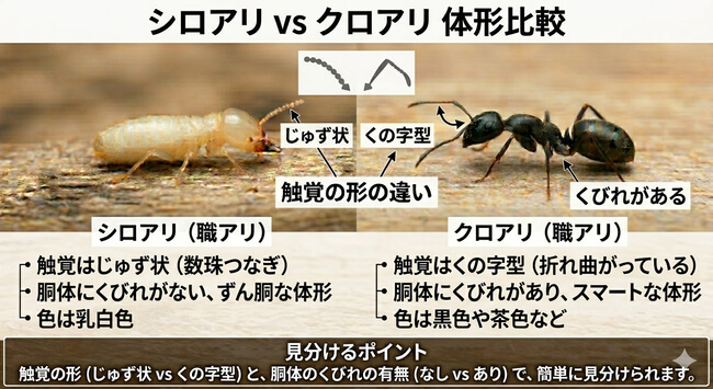 シロアリ(左・乳白色・ずん胴)とクロアリ(右・黒色・腹部にくびれ)の体形比較