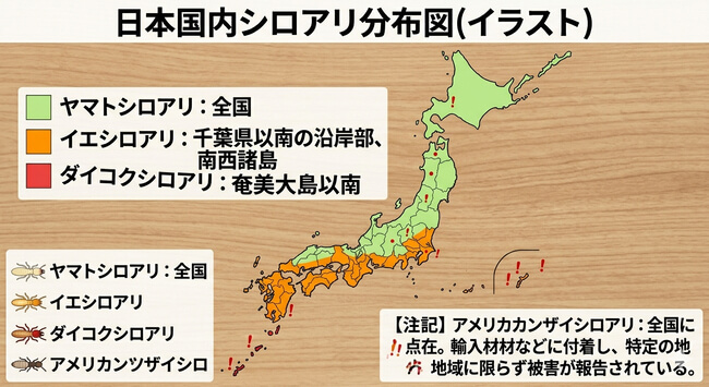 日本国内における住宅害虫シロアリの分布域。ヤマトシロアリは全国、イエシロアリは千葉県以南の沿岸部と南西諸島、ダイコクシロアリは奄美大島以南