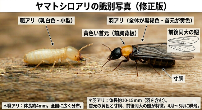 ヤマトシロアリの職アリ(左・乳白色)と羽アリ(右・頭部と羽が黒色で胸に白いライン)