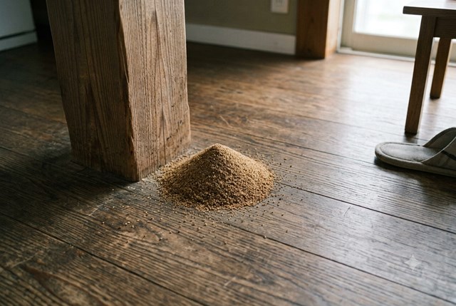 加害箇所の下に盛り塩のように積もった乾材シロアリのふんのイメージ
